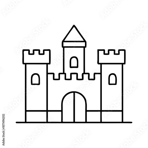 Minimalist black and white line art illustration of a classic medieval castle with towers and battlements Vector