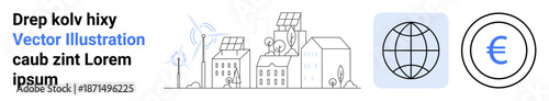 Renewable energy, financial sustainability, green technology, eco-consciousness, global economy, environmental progress. Line art of solar panels, wind turbines and euro symbol. Renewable energy