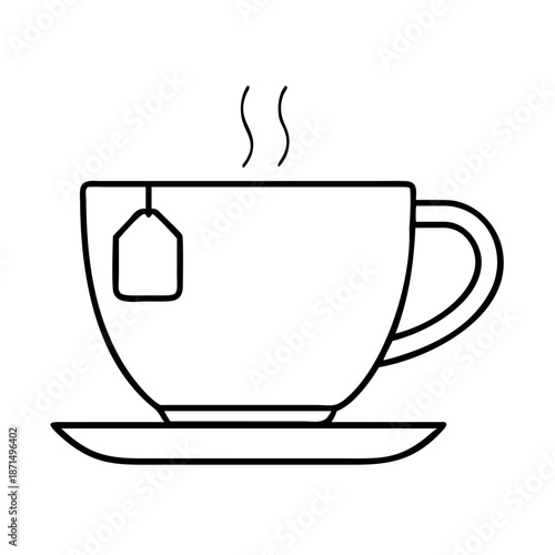 Steaming hot cup of tea with a teabag and saucer presented in minimalist line art Vector