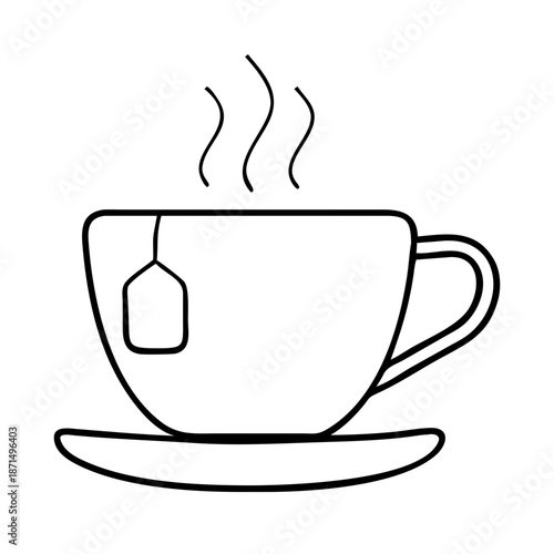 A minimalist line art illustration of a hot steaming cup of tea with a teabag and saucer Vector