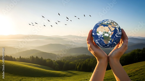A conceptual shot of hands holding a realistic globe over a lush green landscape at sunrise.