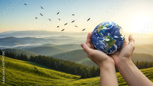 A conceptual shot of hands holding a realistic globe over a lush green landscape at sunrise.