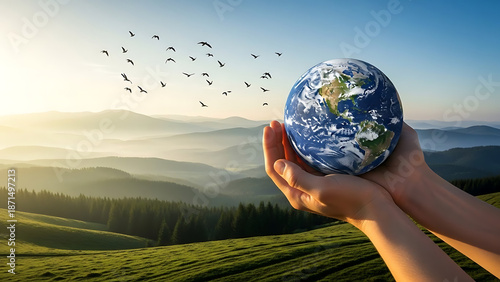 A conceptual shot of hands holding a realistic globe over a lush green landscape at sunrise.