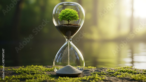 Hourglass with plants on a natural island in a serene lake
