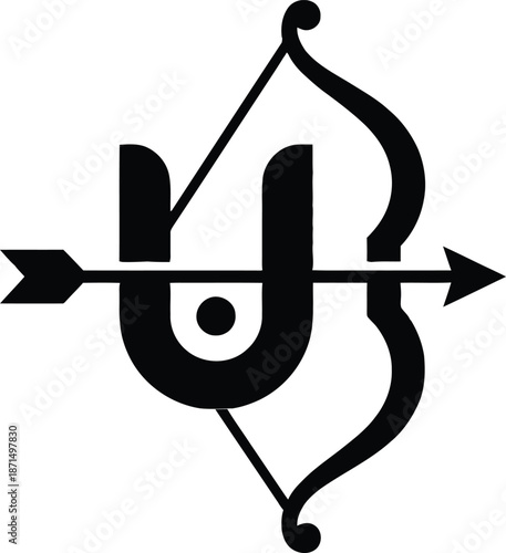 Stylized black bow and arrow silhouette with tilak symbol for lord rama hindu festival ram navami celebration or religious spiritual tattoo design element icon symbol sign logo art.