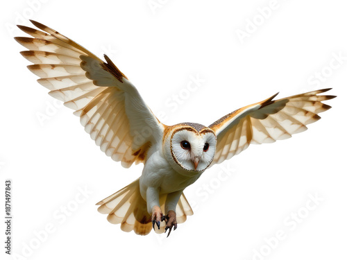 A barn owl soaring through the sky with its wings spread wide, a silhouette against the sun or moon © Ева Поликарпова