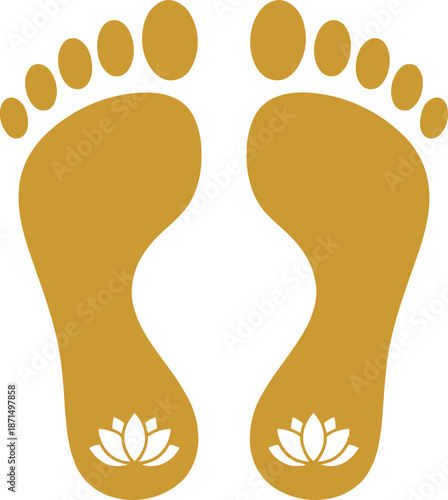 Traditional golden lord rama footprints with white lotus flower symbol for hindu religious festival worship or diwali lakshmi puja celebration design element isolated object icon symbol.