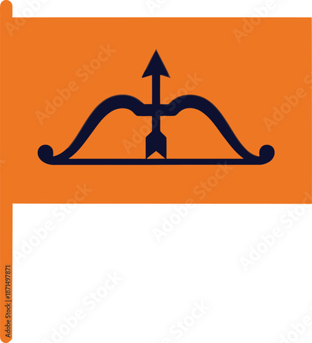 Orange rectangular flag with dark blue bow and arrow symbol for Indian hindu festival Ram Navami celebration or religious spiritual victory sign icon isolated object design element art.