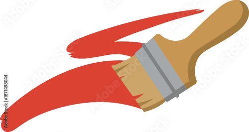 Wooden paint brush with brown handle drawing a red color stroke or splash for artistic renovation project creativity school education design element or painter equipment tool symbol icon.