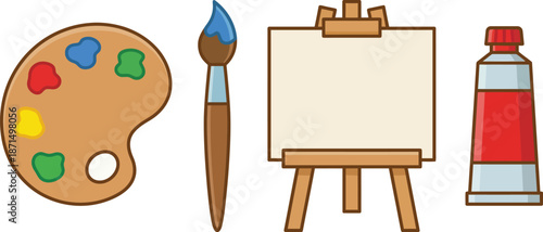 Set of art supplies featuring wooden palette with colorful paints brush easel with blank canvas and red paint tube for painting creativity school education project artist studio kit tool.