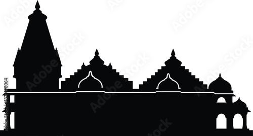 Silhouette of Ayodhya Ram Mandir temple in India showing traditional hindu architecture for religious festival celebration and spiritual worship landmark design icon or travel symbol.