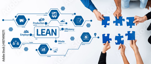 Tableau sur toile This image showcases a collaborative effort in lean production, emphasizing concepts of efficiency and waste reduction through puzzle pieces, symbolizing teamwork and strategic thinking