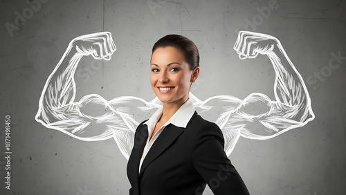 A smiling woman in a business suit with muscular arms sketched in chalk on the wall behind her shoulders.