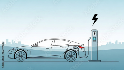 Electric car charging at modern station with city skyline background
