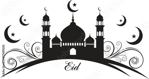 Ramadan eid mubarak greeting with mosque silhouette and crescent moon