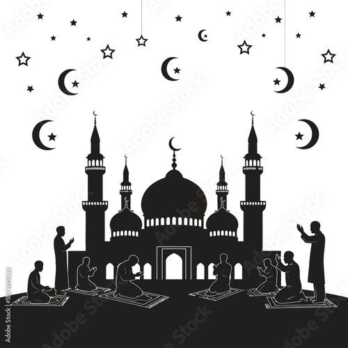 Ramadan kareem eid mubarak mosque silhouette under starry night sky