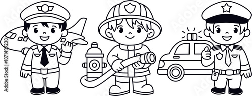 Kids Professions Set: Cute Pilot, Firefighter and Police Officer Characters