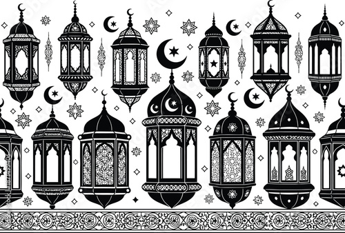 Ramadan and eid mubarak lanterns with crescent moon and stars