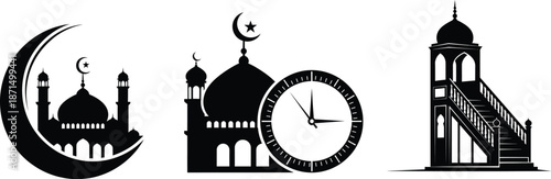Ramadan and eid celebration icons with mosque clock and crescent moon