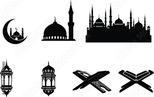 Ramadan and eid al fitr celebrations silhouette icons