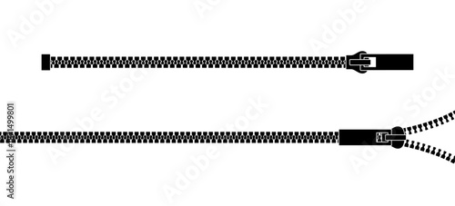 Zipper icon. Zip brush. Fastener pattern. Simple ziper line. Puller closure. Clasp with teeth. Black abstract buckle isolated on white background. Pull to the side. Slider lock. Vector illustration