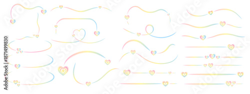 Neon dividers with glowing rainbow hearts and soft blur lines. Romantic Valentine decorations, frames and stickers set. Luminous rainbow vector elements.