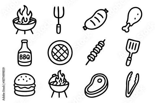 Bbq and barbecue doodle outline icons set, grill food and outdoor cooking tools, black and white hand drawn line art illustration on white background