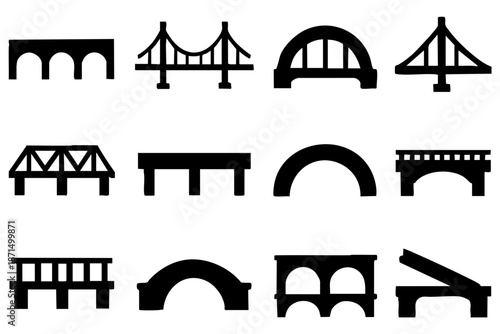Different bridge silhouette icons set, urban architecture and infrastructure symbols, black and white minimal vector illustration