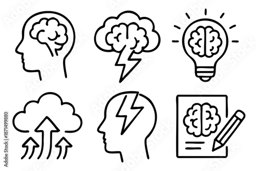 Brainstorm and creative thinking doodle outline icons set, idea generation and mind power symbols, black and white hand drawn line art illustration