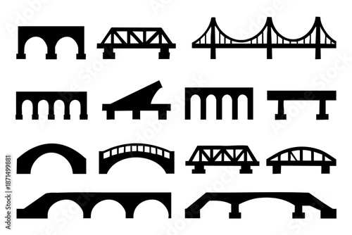 Different bridge silhouette icons set, urban architecture and infrastructure symbols, black and white minimal vector illustration