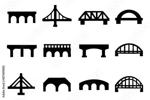 Different bridge silhouette icons set, urban architecture and infrastructure symbols, black and white minimal vector illustration