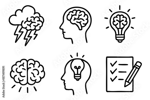 Brainstorm and creative thinking doodle outline icons set, idea generation and mind power symbols, black and white hand drawn line art illustration