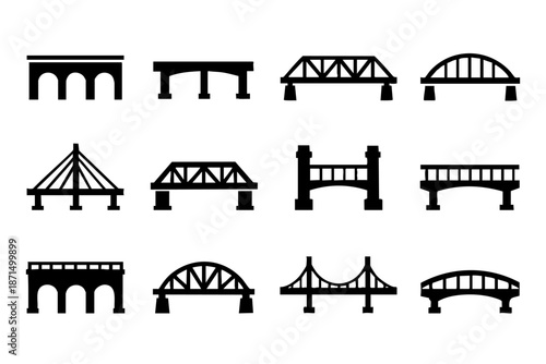 Different bridge silhouette icons set, urban architecture and infrastructure symbols, black and white minimal vector illustration