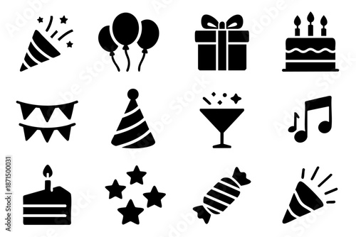 Party and celebration silhouette icons set, birthday and festive event symbols, black and white minimal vector illustration