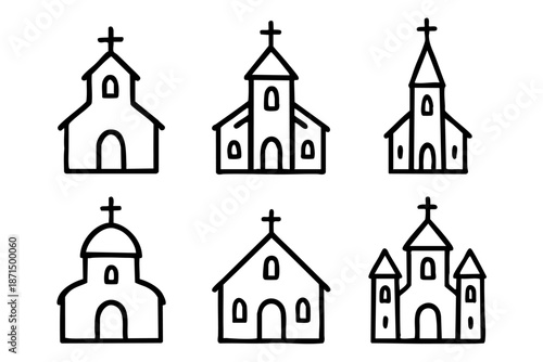 Christian church doodle outline icons set, religious buildings and faith symbols, black and white hand drawn line art illustration