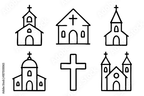 Christian church doodle outline icons set, religious buildings and faith symbols, black and white hand drawn line art illustration