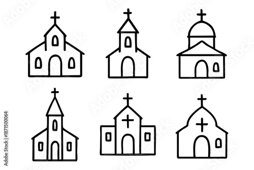 Christian church doodle outline icons set, religious buildings and faith symbols, black and white hand drawn line art illustration