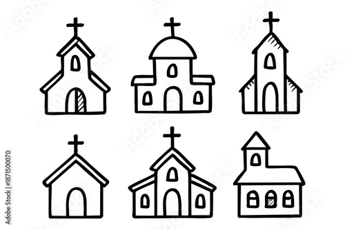 Christian church doodle outline icons set, religious buildings and faith symbols, black and white hand drawn line art illustration