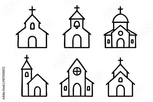 Christian church doodle outline icons set, religious buildings and faith symbols, black and white hand drawn line art illustration