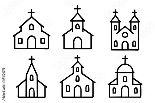 Christian church doodle outline icons set, religious buildings and faith symbols, black and white hand drawn line art illustration
