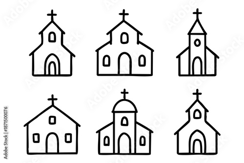 Christian church doodle outline icons set, religious buildings and faith symbols, black and white hand drawn line art illustration