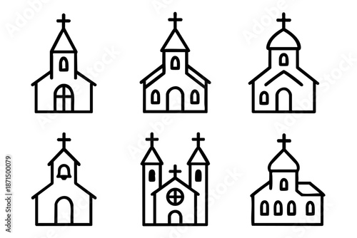 Christian church doodle outline icons set, religious buildings and faith symbols, black and white hand drawn line art illustration