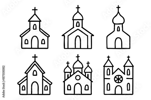 Christian church doodle outline icons set, religious buildings and faith symbols, black and white hand drawn line art illustration
