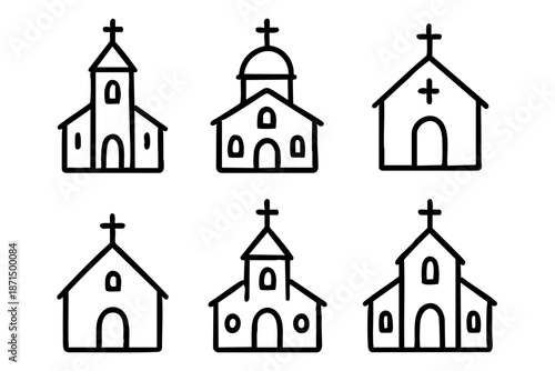 Christian church doodle outline icons set, religious buildings and faith symbols, black and white hand drawn line art illustration