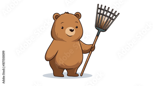 Cute Bear Holding Rake Vector on White Background