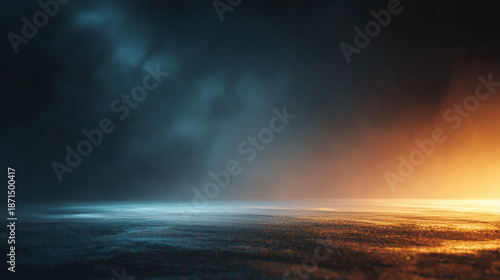 An atmospheric abstract background with a textured dark surface, deep blue shadows, a warm golden glow on the horizon. Suitable for business presentations, branding, advertising, YouTube thumbnails