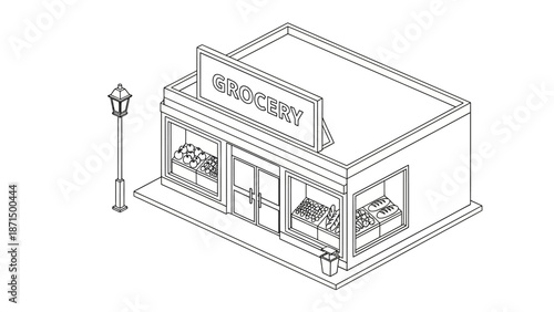Grocery store building line art with street lamp.