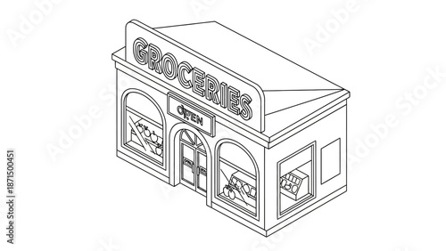 Grocery store building facade shop front storefront.