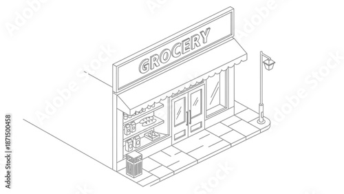 Grocery store exterior with awning and flag.