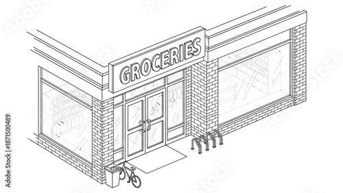 Grocery store front with bicycle outside.